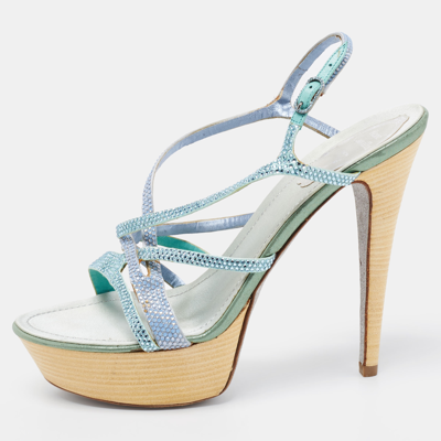 Pre-owned René Caovilla Two Tone Crystal Embellished Satin Ankle-strap Platform Sandals Size 37.5 In Blue