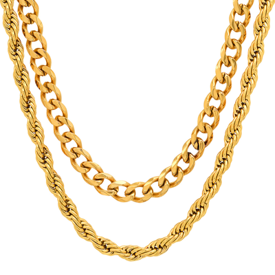 Steeltime Cuban Link + Rope Double Chain Necklace Stack In Gold | ModeSens