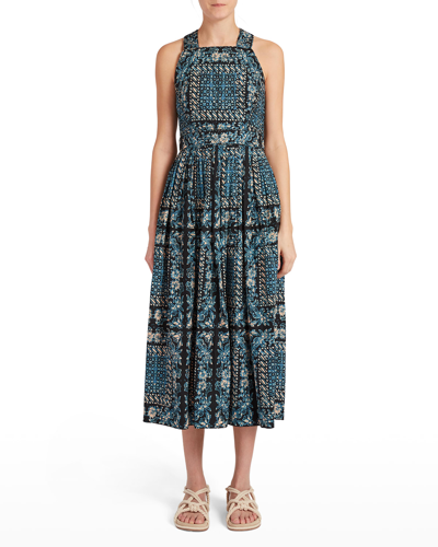 Shop Ulla Johnson Kerani Printed High Square-neck Pleated Midi Dress In Azure