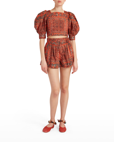 Shop Ulla Johnson Anise Printed Puffed Sleeve Quilted Crop Top In Clementine