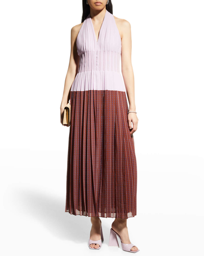 Tory Burch Claire Mccardell Paneled Pleated Voile Halterneck Midi Dress In  Purple | ModeSens