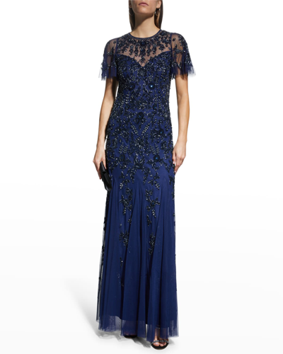 Shop Aidan Mattox Beaded Sequin Flutter-sleeve Gown In Navy