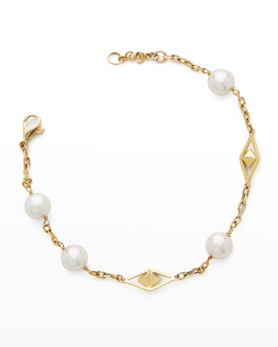 Shop Pearls By Shari 18k Yellow Gold 8mm Akoya 4-pearl And 2-cube Bracelet, 8"l