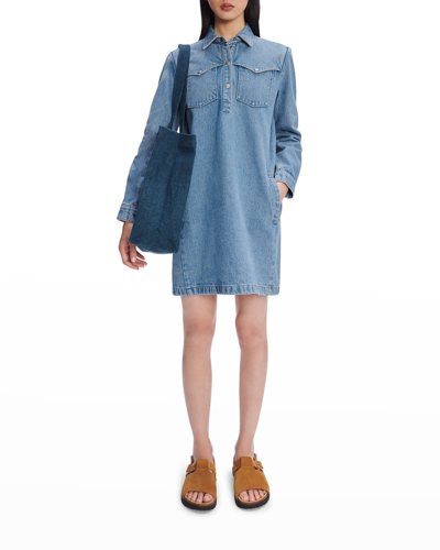 Shop Apc Leana Denim Button-front Western Mini Dress In Iaa - Blue