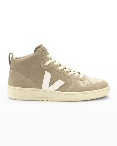 Shop Veja V-15 Bicolor Mixed Leather High-top Sneakers In Dune Pierre