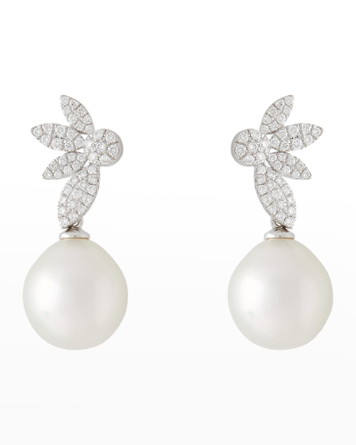 Shop Pearls By Shari 18k White Gold 11mm South Sea Pearl And Diamond Flower Leaf Earrings