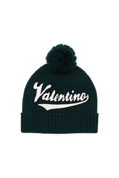 Shop Valentino Garavani Bobble Hat With Logo Embroidery In Green