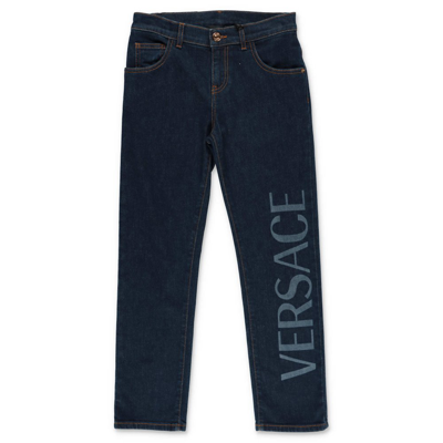 Shop Versace Kids Logo Printed Straight Leg Jeans In Blue