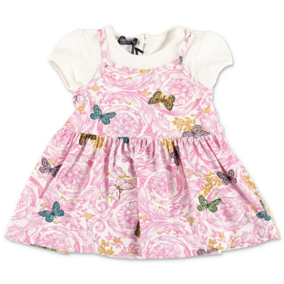Shop Versace Kids Floral Printed Pleated Dress In White