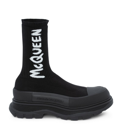 Shop Alexander Mcqueen Graffiti Knit Tread Slick Boots In Black