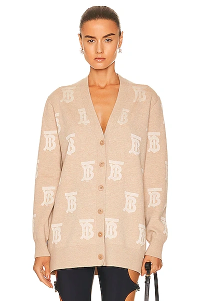 Shop Burberry Salena All Over Tb Knit Cardigan In Light Camel