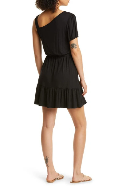 Shop Loveappella One-shoulder Ruffle Hem Knit Dress In Black