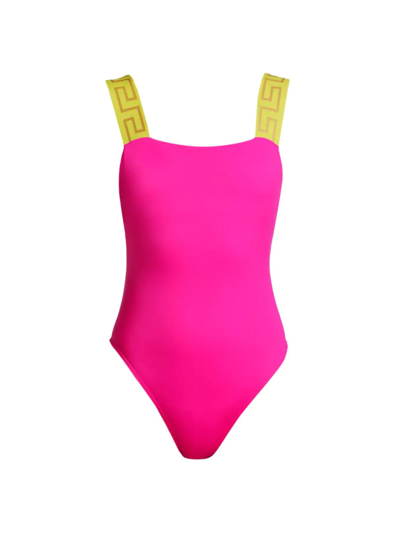 Shop Versace Women's Greca Border One-piece Swimsuit In Fuxia Yellow