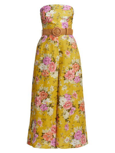 Shop Zimmermann Pattie Strapless Jumpsuit In Mustard Floral