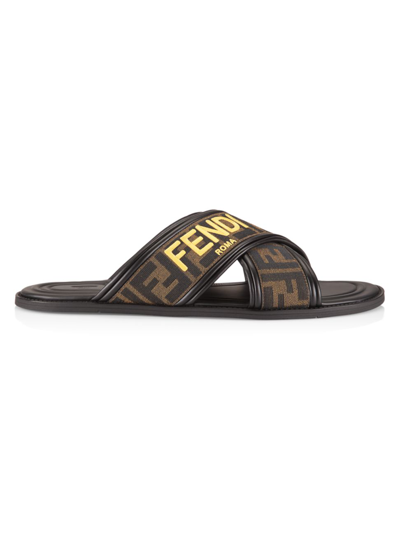 Shop Fendi Men's Cross-strap Ff Logo Sandals In Tabacco