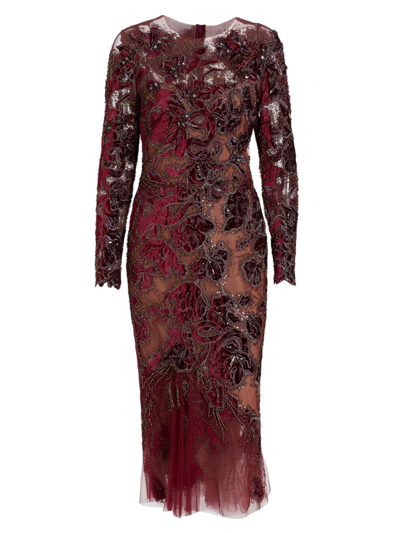 Shop Marchesa Women's Floral Beaded & Embroidered Dress In Burgundy