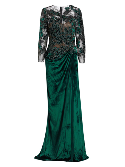 Shop Marchesa Women's Mixed-media Bead & Velvet Gown In Emerald