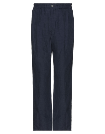Shop Giorgio Armani Man Pants Midnight Blue Size 38 Viscose, Linen In Dark Blue