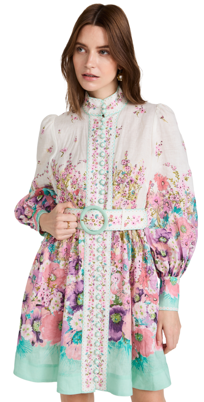 Shop Zimmermann Jude Buttoned Mini Dress In Aqua Gradient Floral