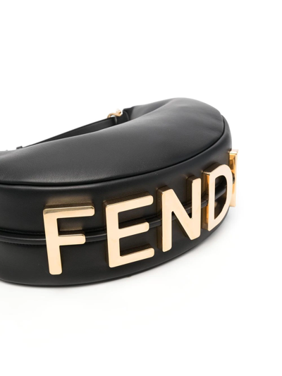 Fendi Hobo Graphy Black Leather Handbag With Metal Logo Woman In Black