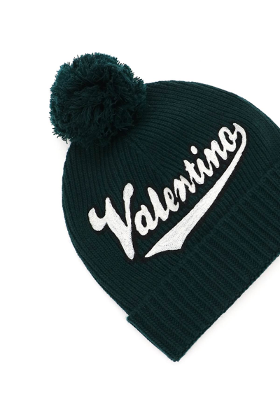 Shop Valentino Bobble Hat With Logo Embroidery In Green