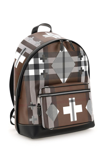 Shop Burberry Geometric Check Coated Canvas Backpack In Brown,white