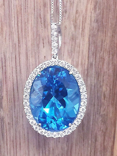 Pre-owned Knr 14k White Gold Oval Cut Blue Topaz And Round Diamonds Pendent Necklace 14.30ctw