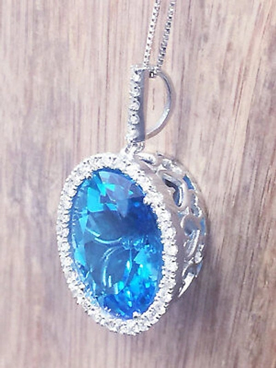 Pre-owned Knr 14k White Gold Oval Cut Blue Topaz And Round Diamonds Pendent Necklace 14.30ctw