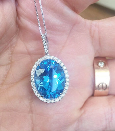 Pre-owned Knr 14k White Gold Oval Cut Blue Topaz And Round Diamonds Pendent Necklace 14.30ctw