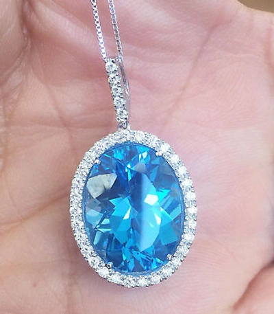Pre-owned Knr 14k White Gold Oval Cut Blue Topaz And Round Diamonds Pendent Necklace 14.30ctw
