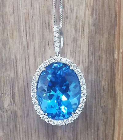 Pre-owned Knr 14k White Gold Oval Cut Blue Topaz And Round Diamonds Pendent Necklace 14.30ctw