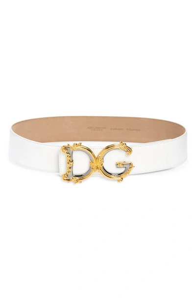 Shop Dolce & Gabbana Dg Baroque Buckle Calfskin Leather Belt In Bianco