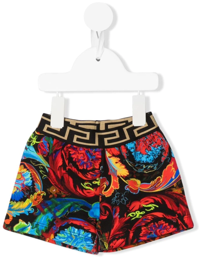 Shop Versace Graphic Print Stretch Shorts In Black