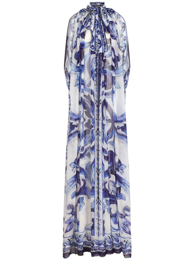 Shop Dolce & Gabbana Maiolica-print Silk Cape In Blue