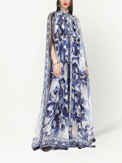 Shop Dolce & Gabbana Maiolica-print Silk Cape In Blue