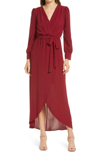 Shop Fraiche By J Long Sleeve Faux Wrap Dress In Wine