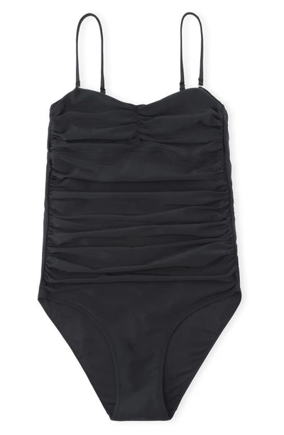 Shop Ganni Core Gathered One-piece Swimsuit In Black