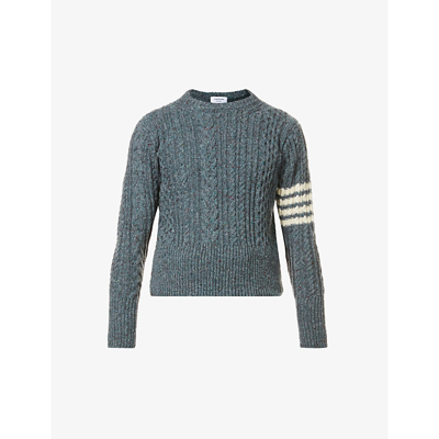 Shop Thom Browne Aran Four-bar Cable-knit Wool-blend Jumper In Dark Blue
