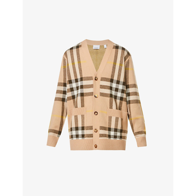 Shop Burberry Wilmore Checked Wool And Cashmere-blend Cardigan In Truffle