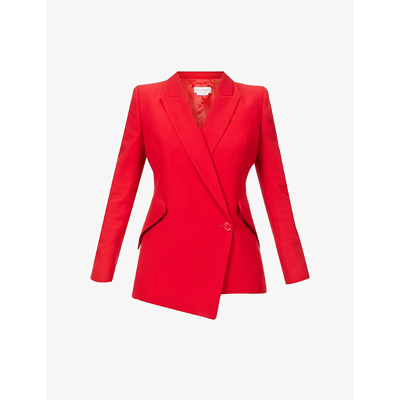 Shop Alexander Mcqueen Asymmetric-hem Peak-lapel Woven Jacket In Welsh Red