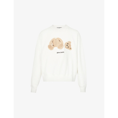 Shop Palm Angels Bear Embroidered Boxy-fit Cotton-jersey Sweatshirt In White Brown