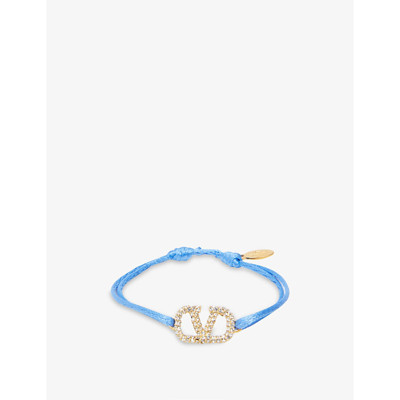 Shop Valentino Vlogo Crystal-embellished Cotton And Brass Bracelet In Niagara/light Azore