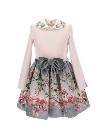 Shop Monnalisa Brocade Peach Blossom Dress In Grey