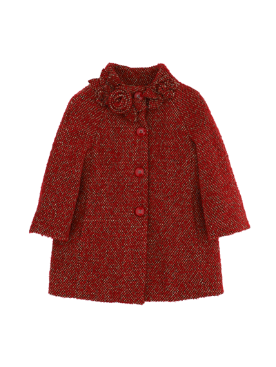 Shop Monnalisa Buttoned Floral Coat In Red + Beige