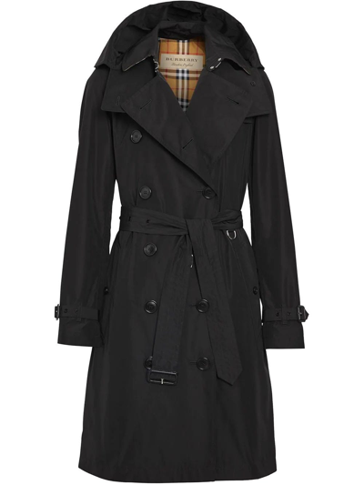 Shop Burberry Black Kensington Hooded Trench Coat In Nero