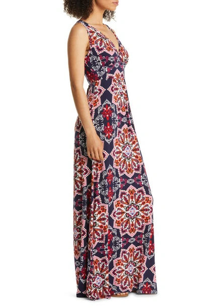 Shop Loveappella Empire Waist Jersey Maxi Dress In Navy Multi