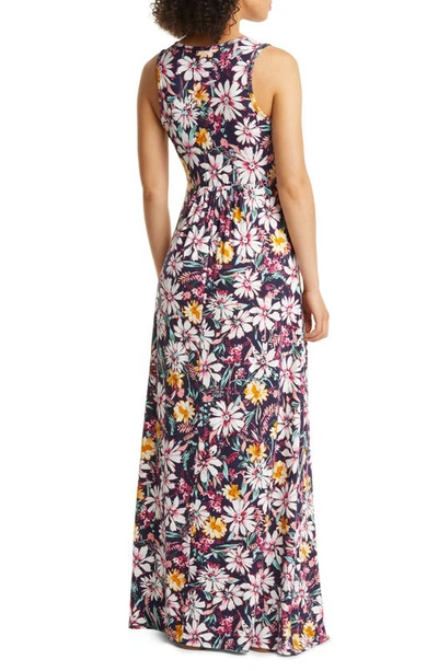 Loveappella Floral Print Empire Waist Jersey Maxi Dress In Navy Multi