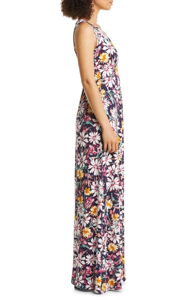 Loveappella Floral Print Empire Waist Jersey Maxi Dress In Navy Multi