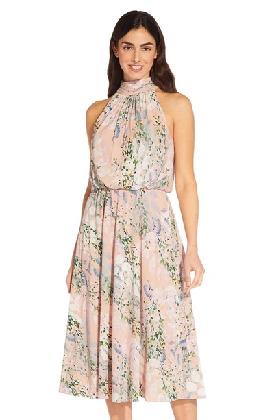 Shop Adrianna Papell Watercolor Floral Halter Neck Chiffon Midi Dress In Blush Multi