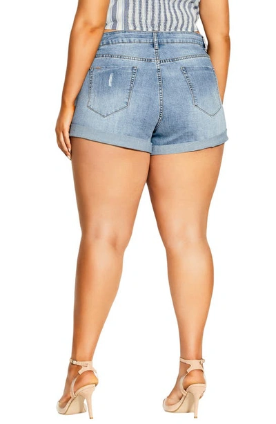 City Chic Distressed Cuff Denim Shorts In Light Denim